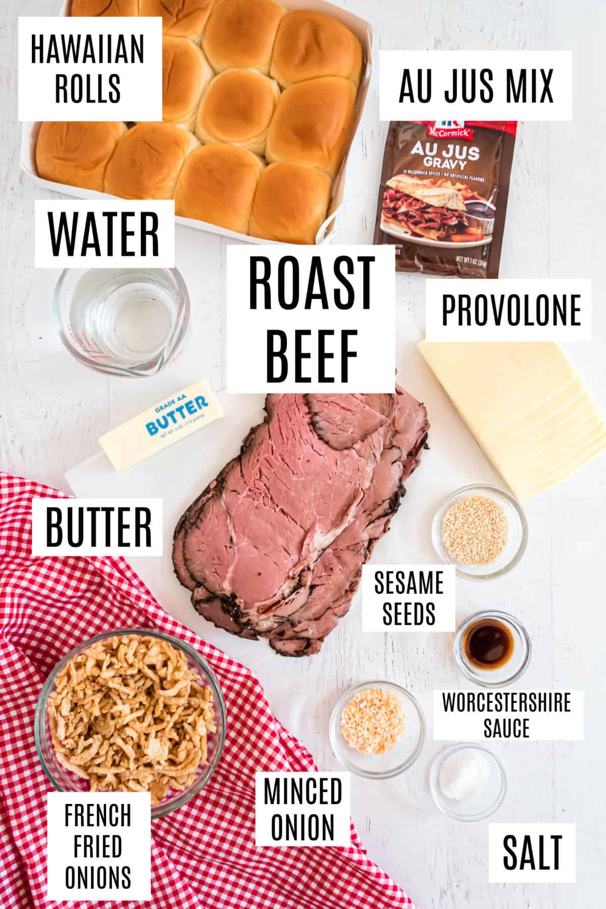 Ingredients needed to make french dip sliders.