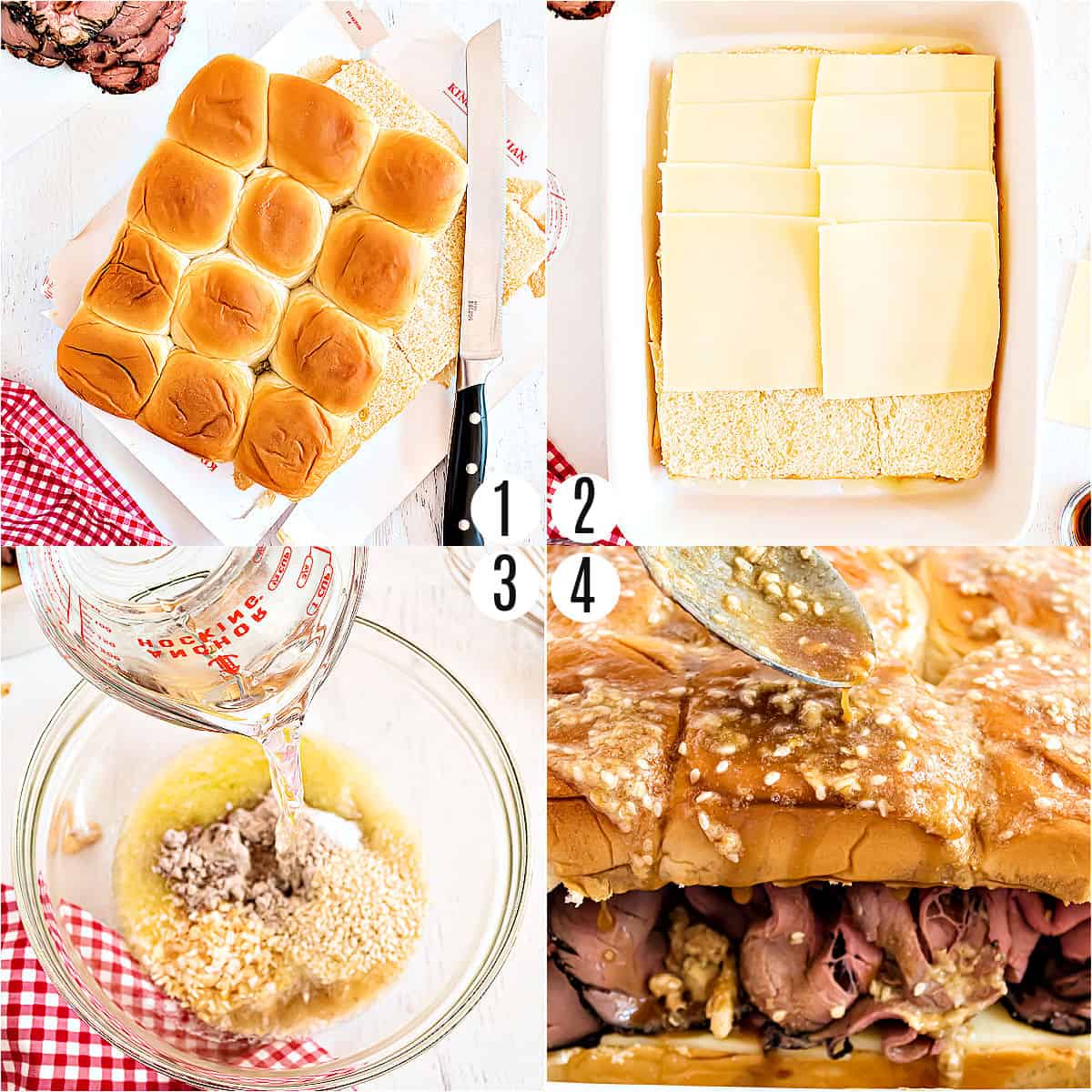 Step by step photos showing how to make french dip sliders.