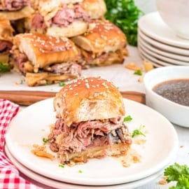 There’s nothing better than beefy, cheesy hand-held sandwiches dipped in buttery au jus. These irresistible French Dip Sliders are the ultimate game day food.