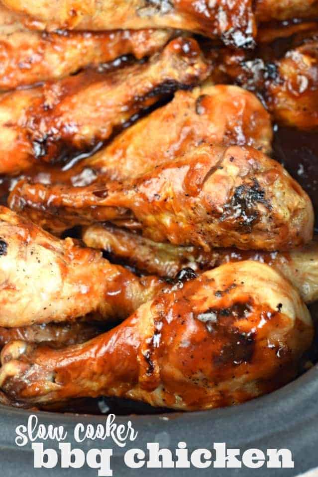 Chicken legs with barbecue sauce in a crockpot.