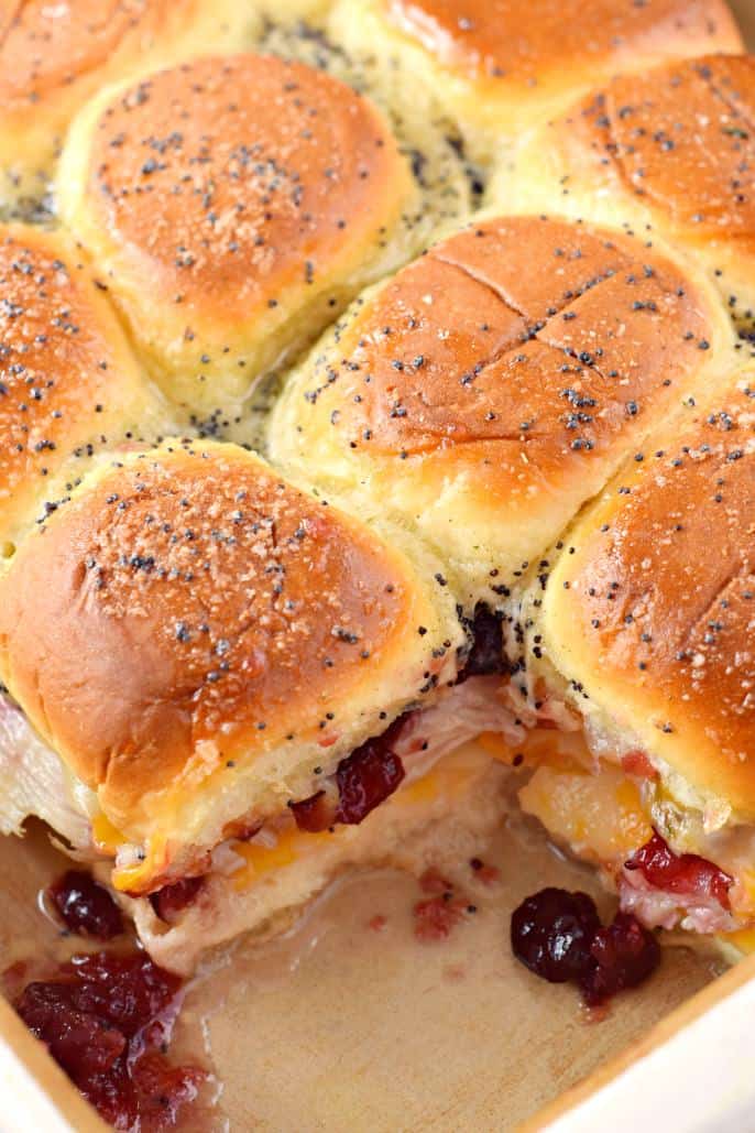 Baking dish with turkey sliders.