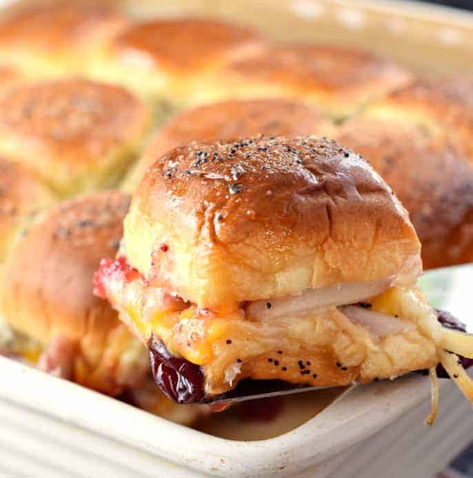 Turkey sliders with leftover turkey, rolls, cranberry sauce and cheese.