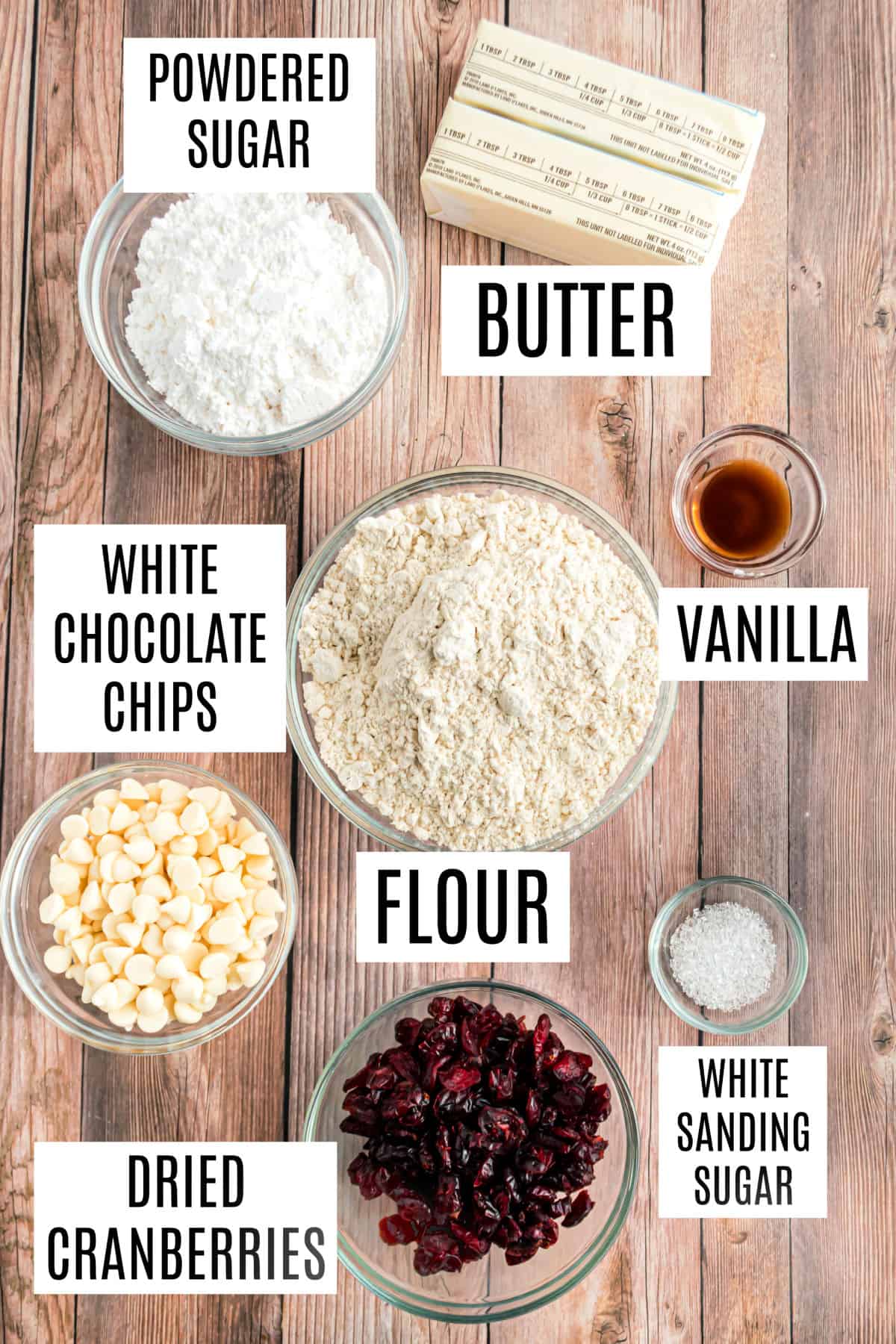 Ingredients needed to make cranberry white chocolate shortbread cookies.