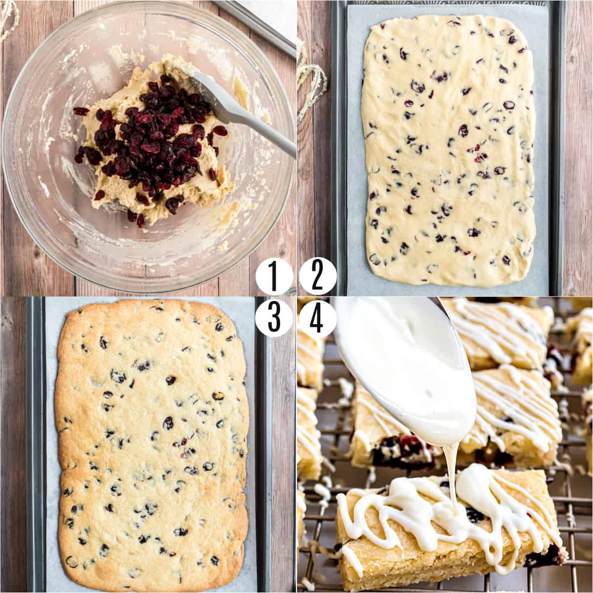 Step by step photos showing how to make shortbread bars with craisins.