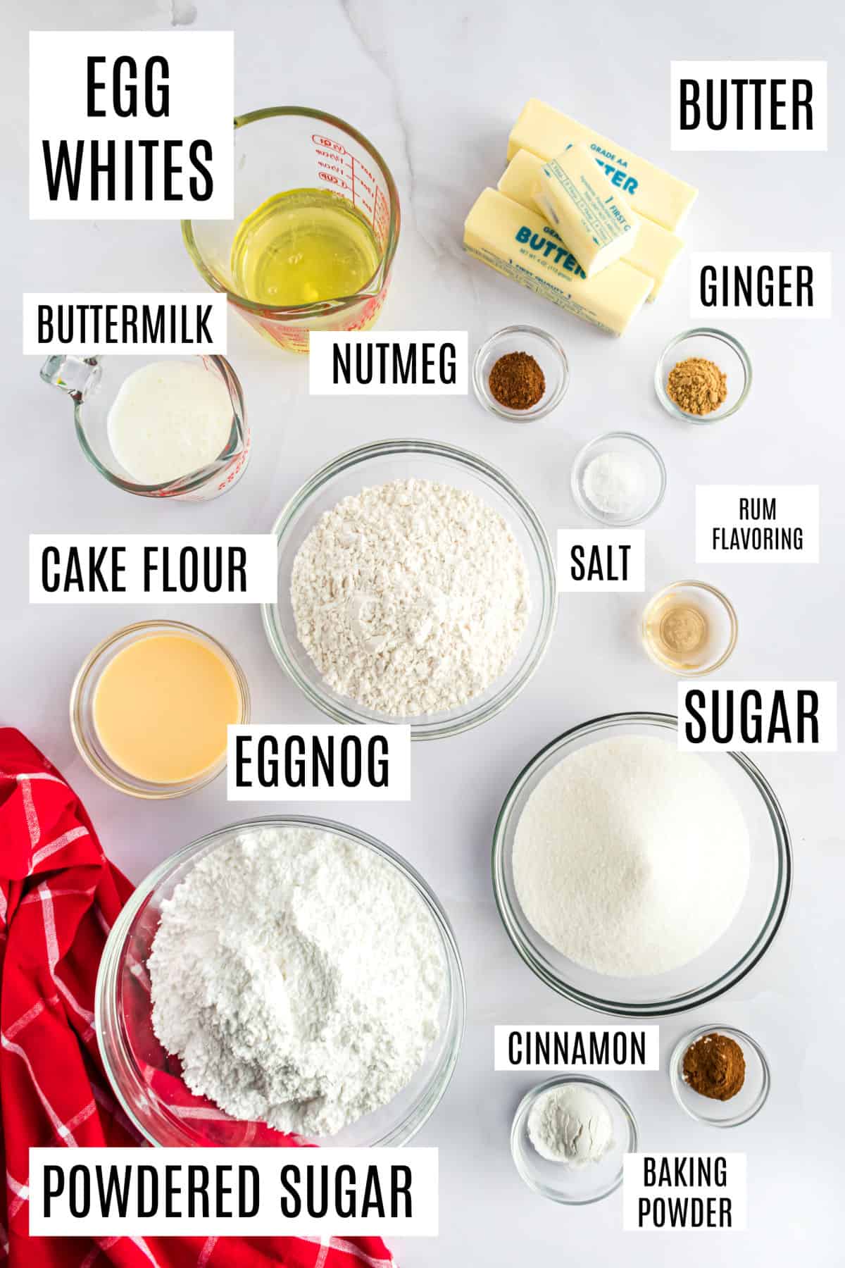Ingredients needed to make eggnog frosted cupcakes.