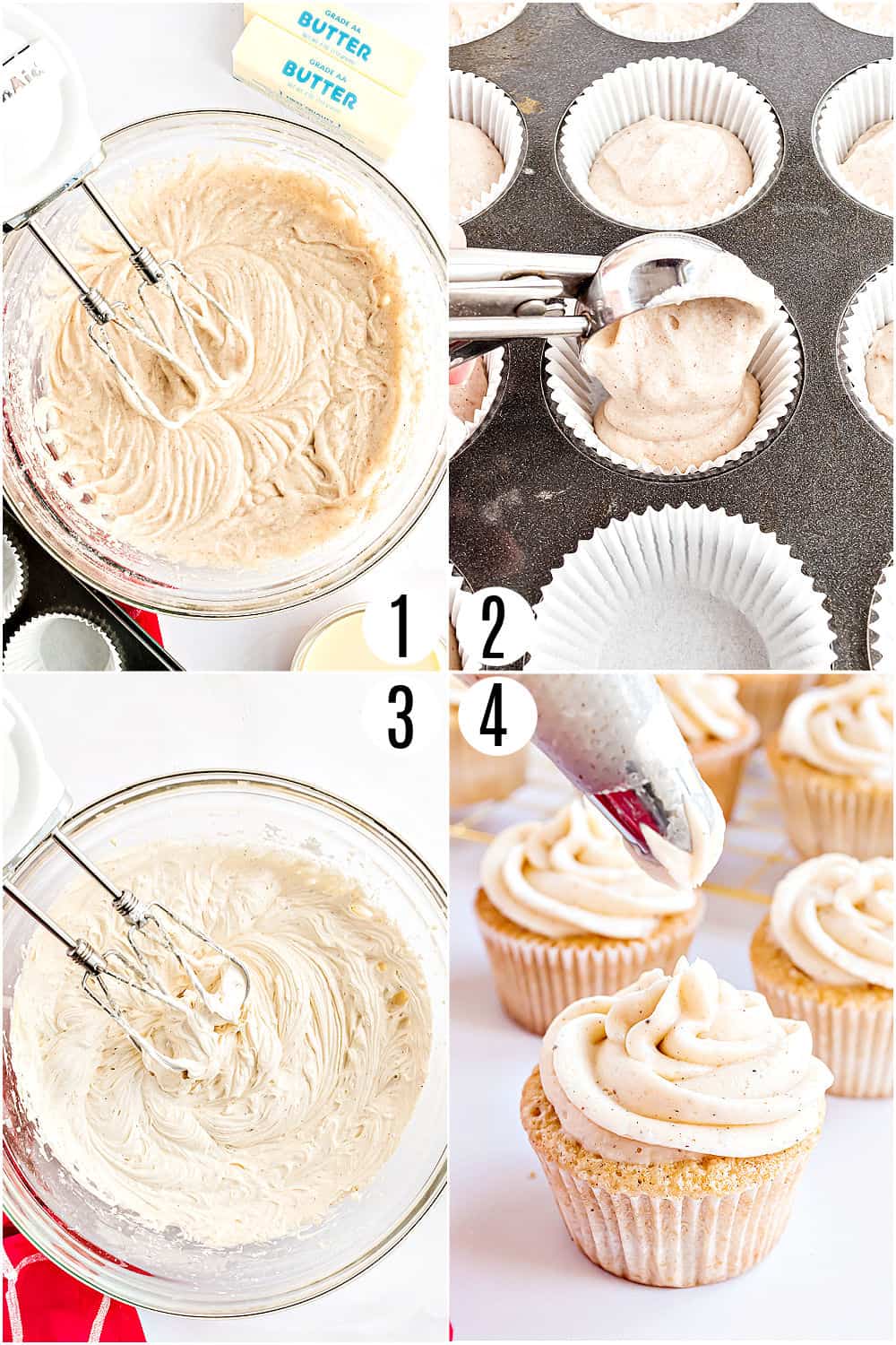 Step by step photos showing how to make eggnog cupcakes.