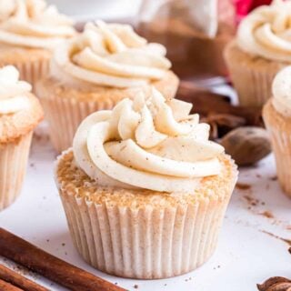 These Eggnog Cupcakes are made from scratch with my favorite spice cake and topped with creamy eggnog frosting. The perfect holiday treat!