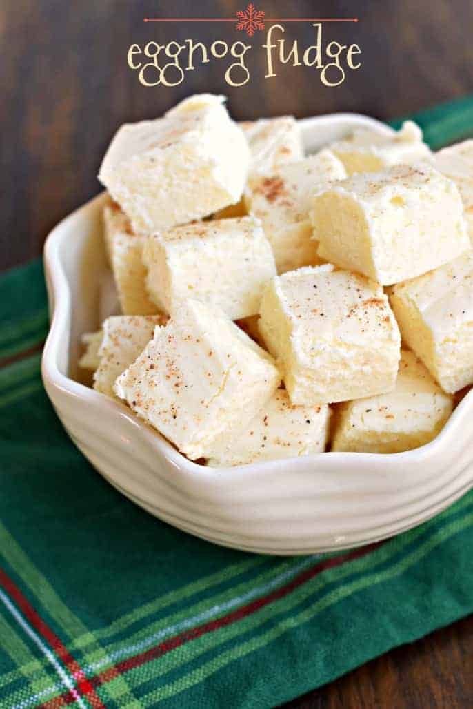 Eggnog fudge pieces in a small bowl.