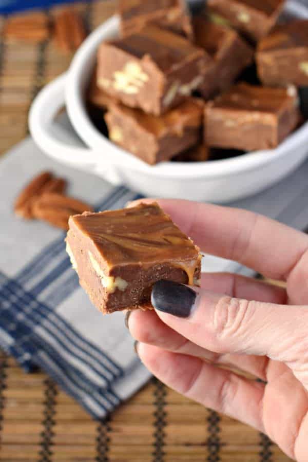 Turtle Fudge is made with a rich, chocolate base and swirled with caramel and packed with crunchy pecans!