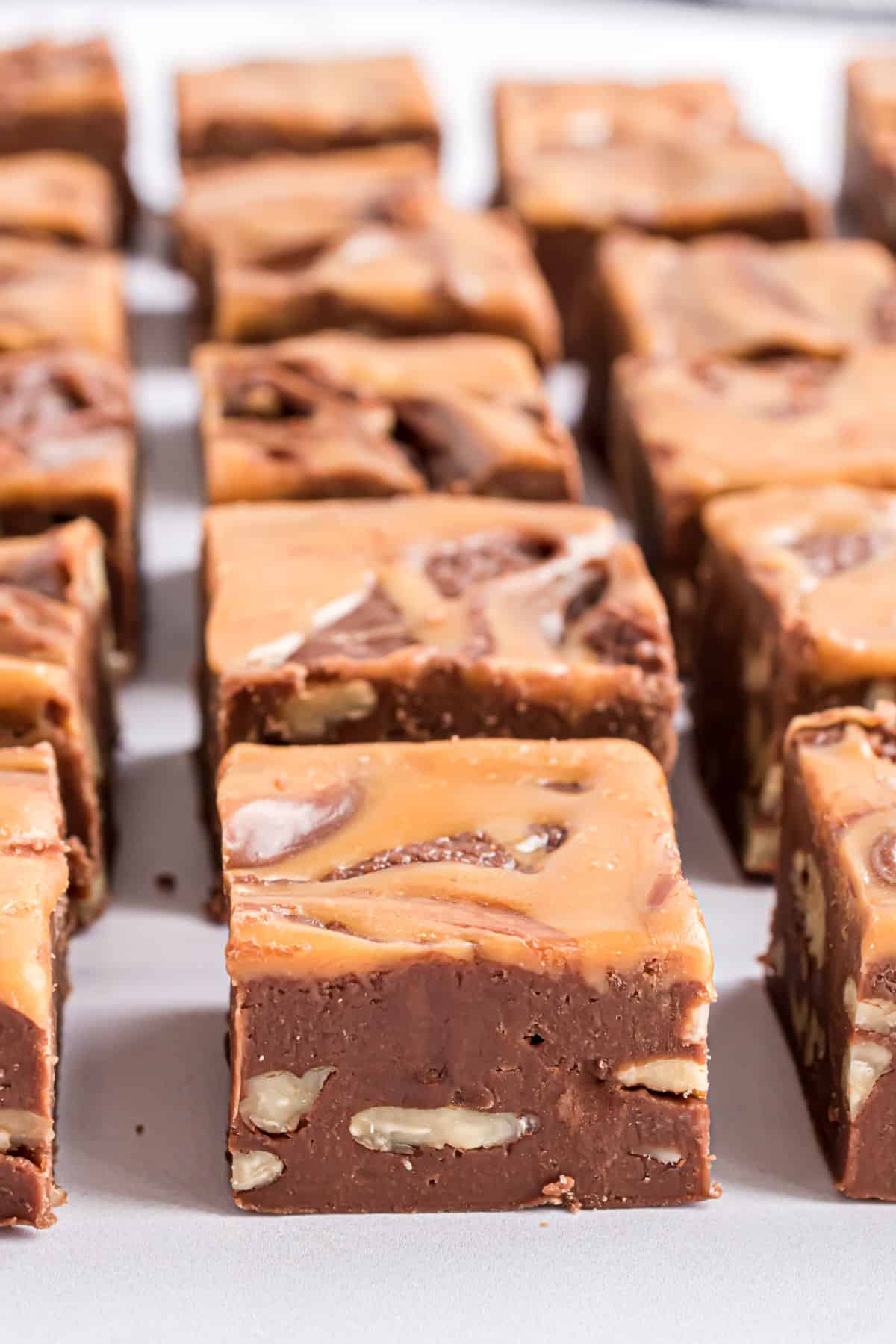 Pieces of chocolate fudge with pecans and caramel cut into squares.
