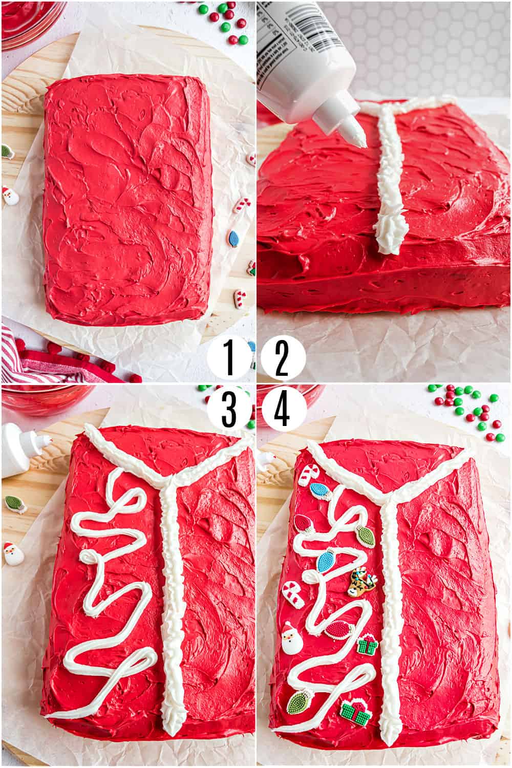 Step by step photos showing how to make an ugly sweater cake.