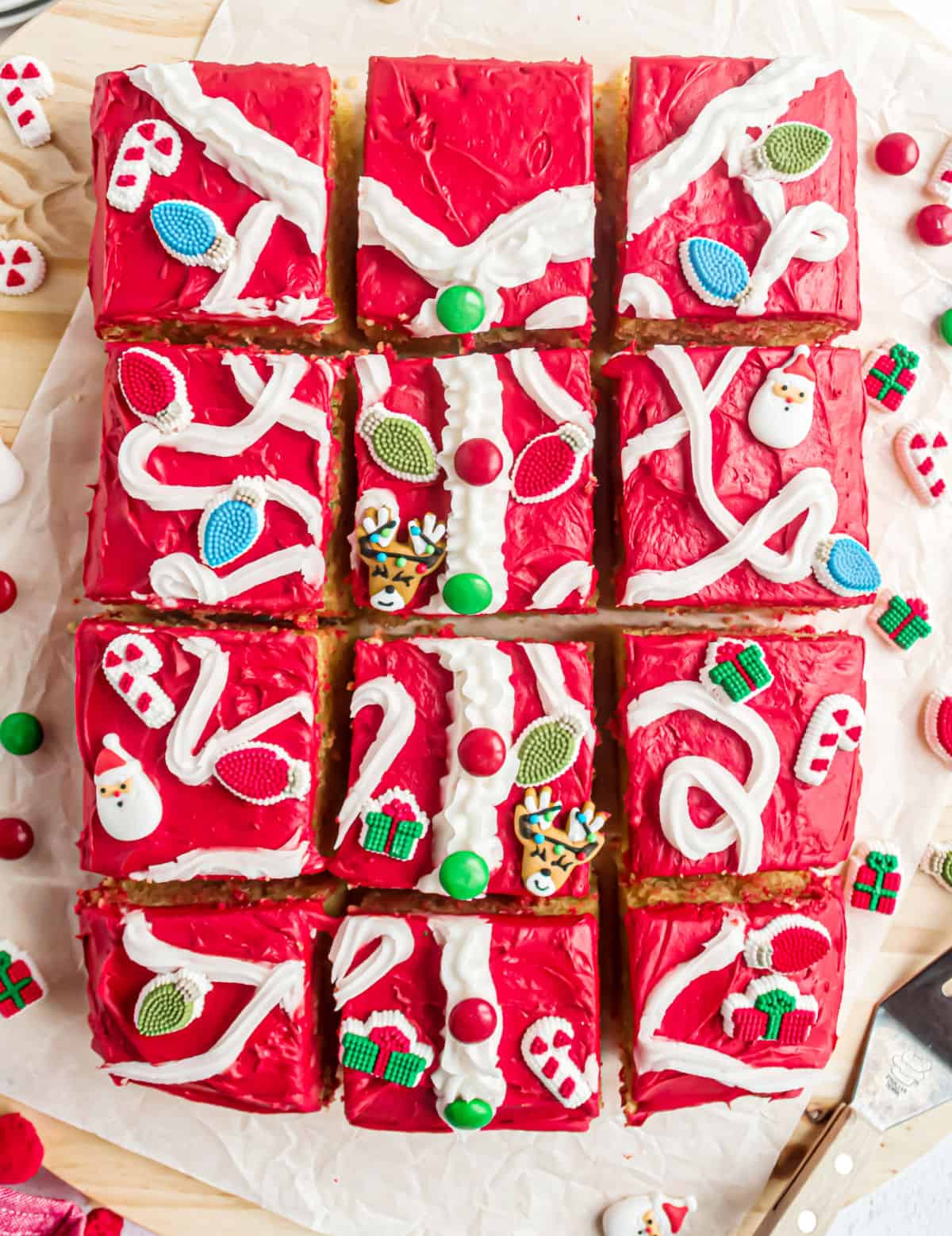 Ugly sweater cake cut into squares.