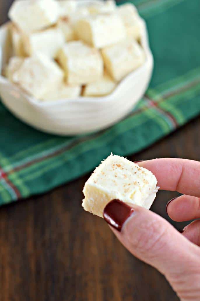 Piece of eggnog fudge close up.