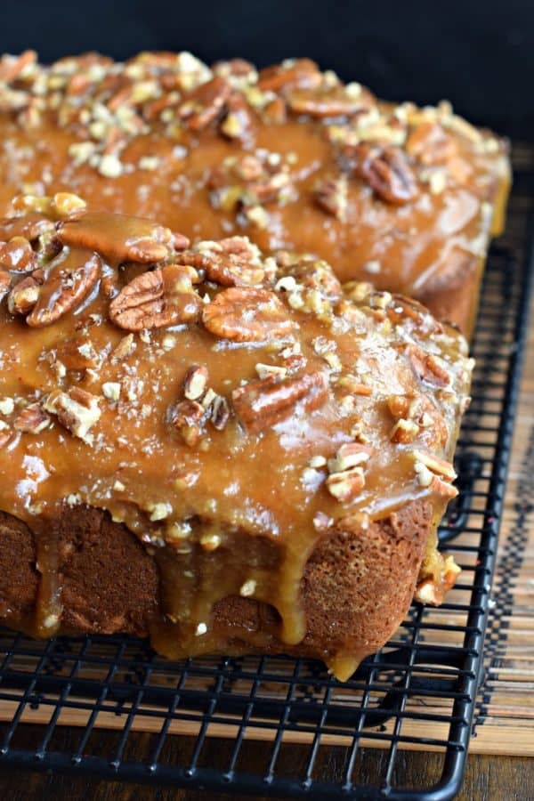 Sweet and comforting, this Praline Topped Apple Bread is the perfect start to your day! Recipe makes two loaves, and freezes well too!