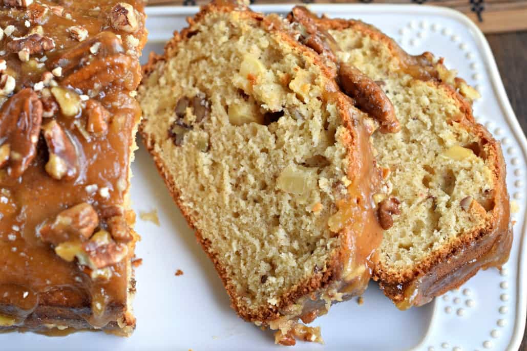 Sweet and comforting, this Praline Topped Apple Bread is the perfect start to your day! Recipe makes two loaves, and freezes well too!