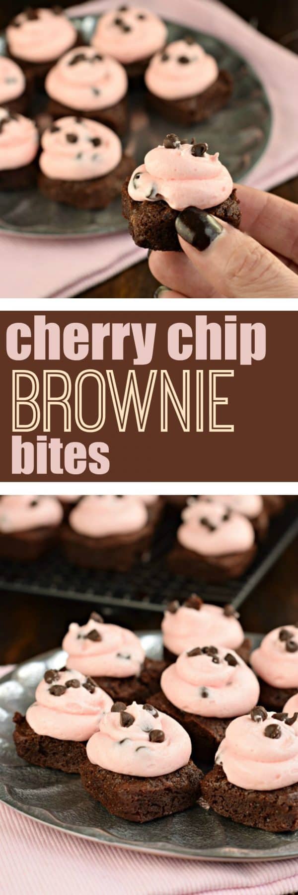 Chocolate, fudgy homemade Cherry Chip Brownies! These two bite brownies are sweet and adorable for Valentine's Day!