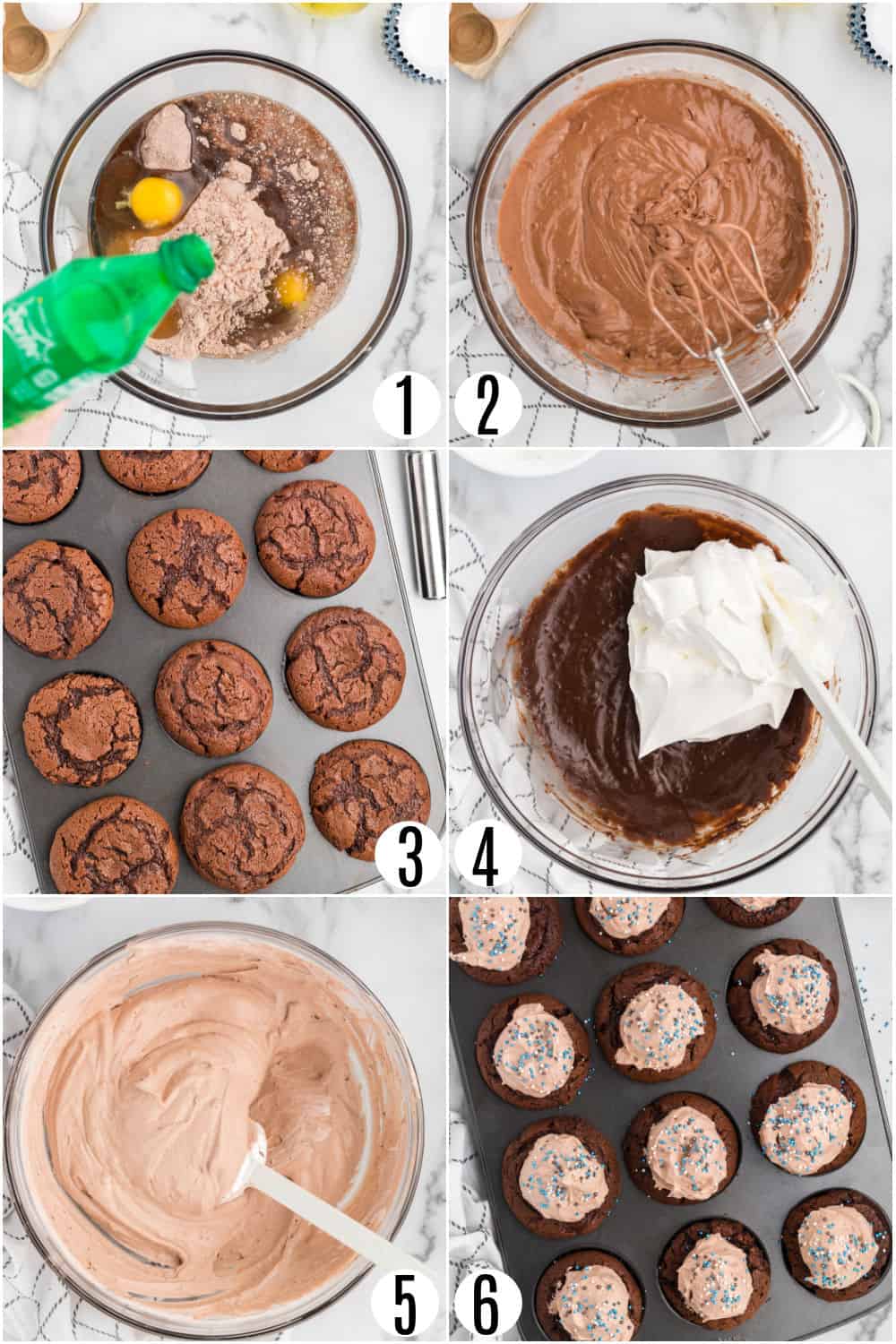Step by step photos showing how to make chocolate pudding cupcakes.