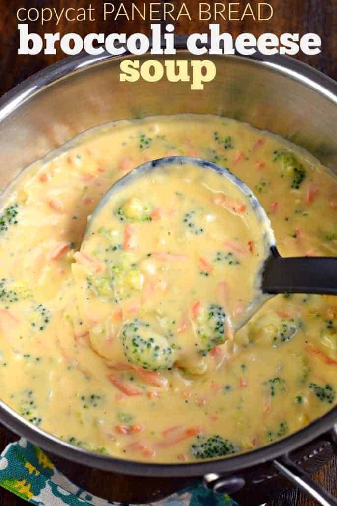 Panera Broccoli Cheese Soup being ladled out of pot.