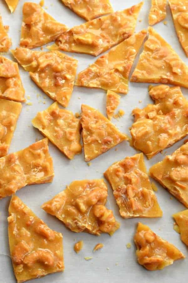 Cashew Brittle made in the microwave! It couldn’t be easier, and it’s a fun twist on the classic peanut brittle.