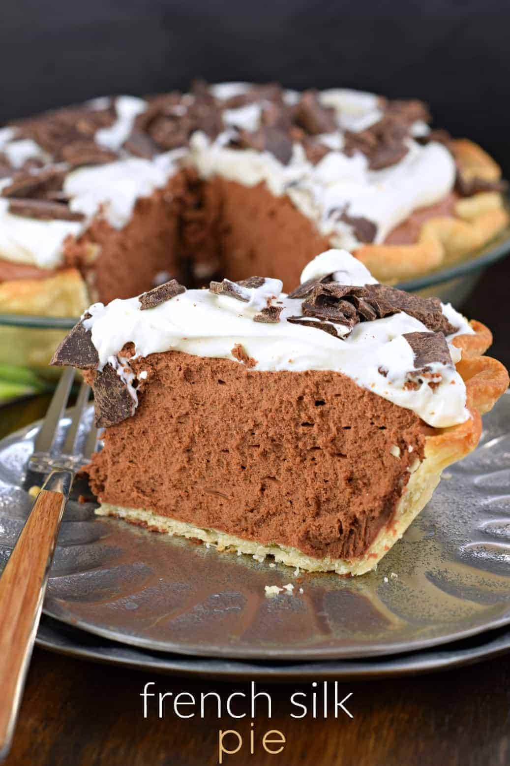 French silk pie slice on a silver dessert plate.