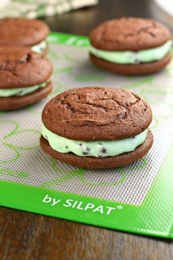 Mint Chocolate Chip Whoopie Pies are just the right amount of green to make them perfect for St. Patrick’s Day.