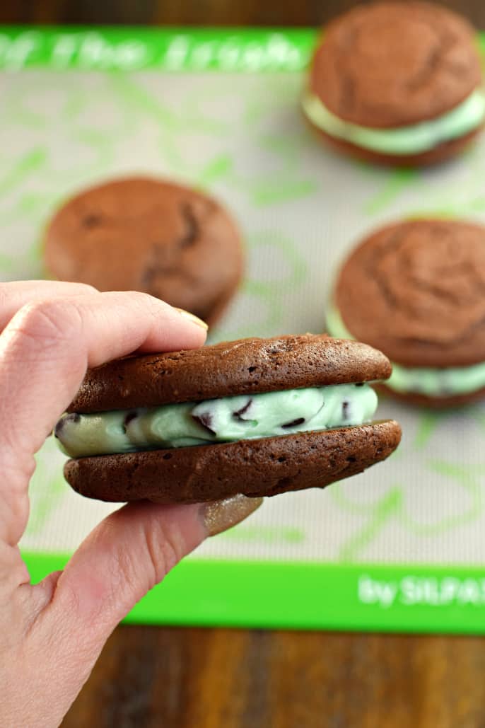 Mint Chocolate Chip Whoopie Pies are just the right amount of green to make them perfect for St. Patrick’s Day.