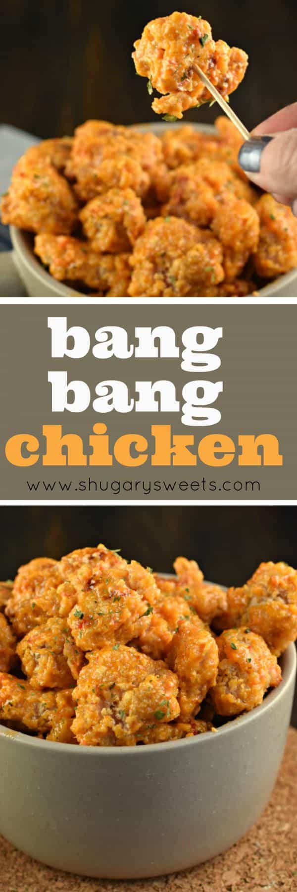 Bang Bang Chicken is an easy, weeknight dinner idea with a tangy, yet sweet sauce! This recipe calls for baking NOT frying the chicken, easy clean up!