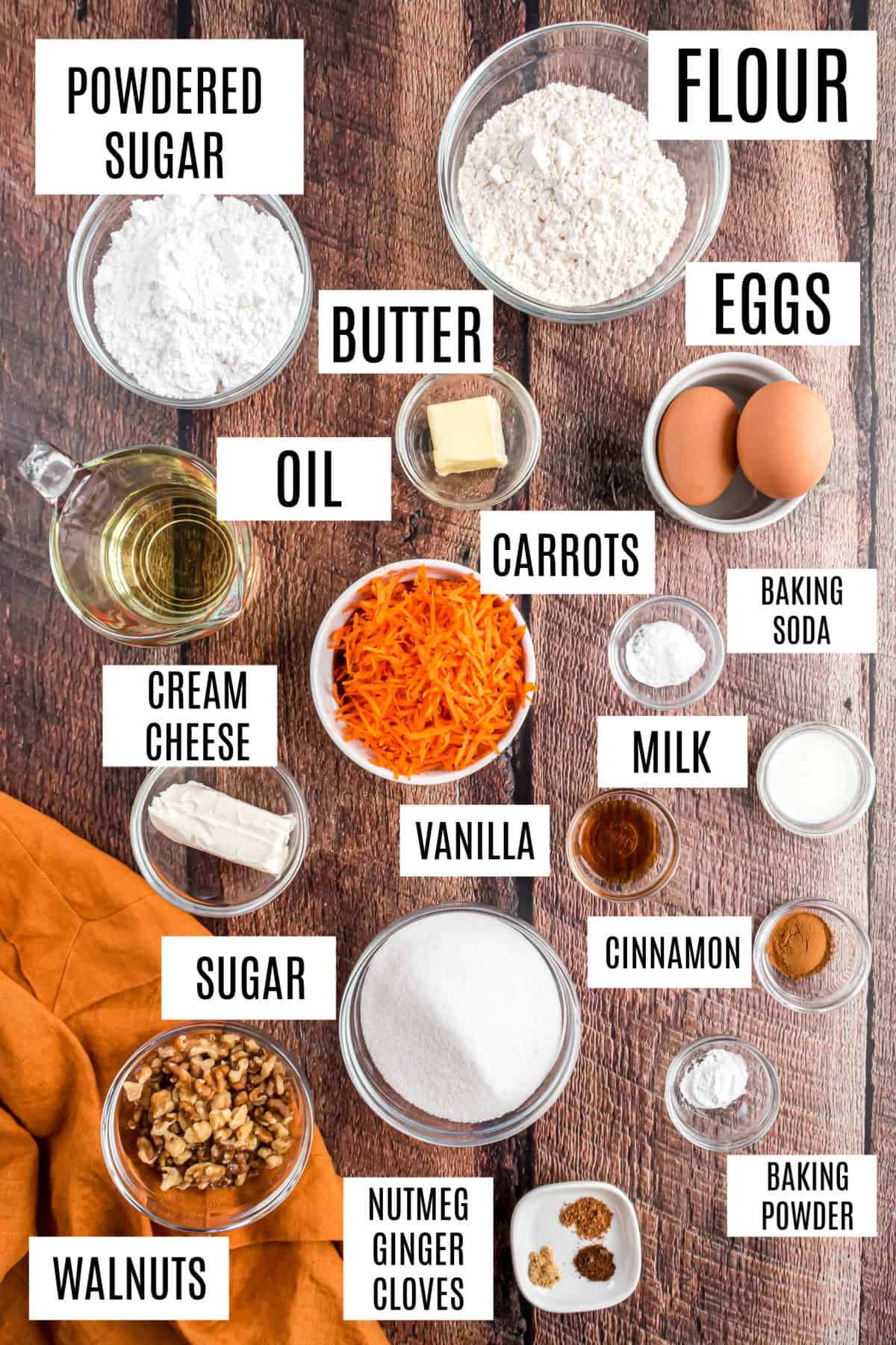 Ingredients needed to make carrot cake muffins.