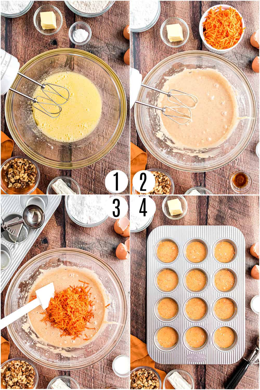 Step by step photos showing how to make carrot cake muffins.