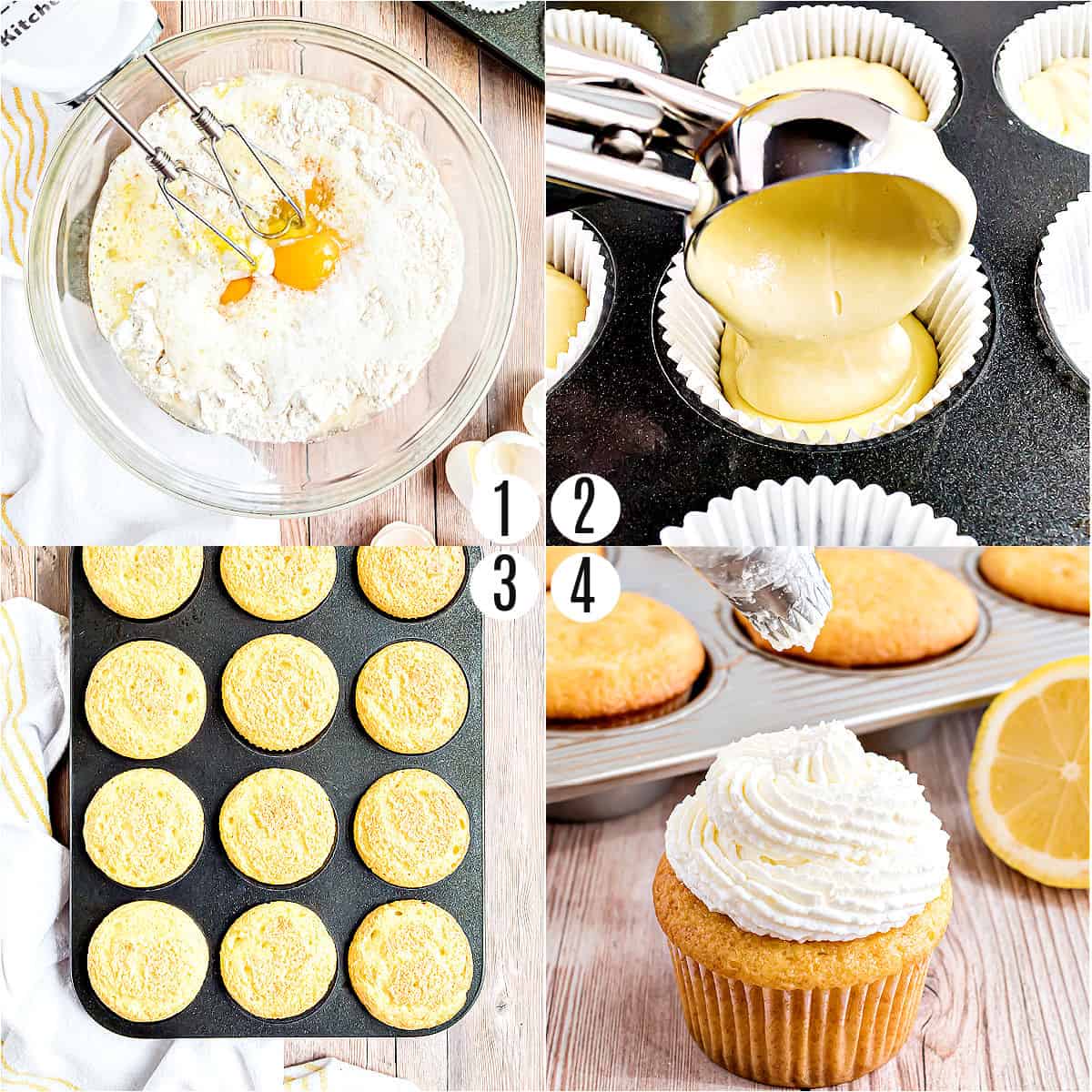 Step by step photos showing how to make lemon pudding cupcakes.