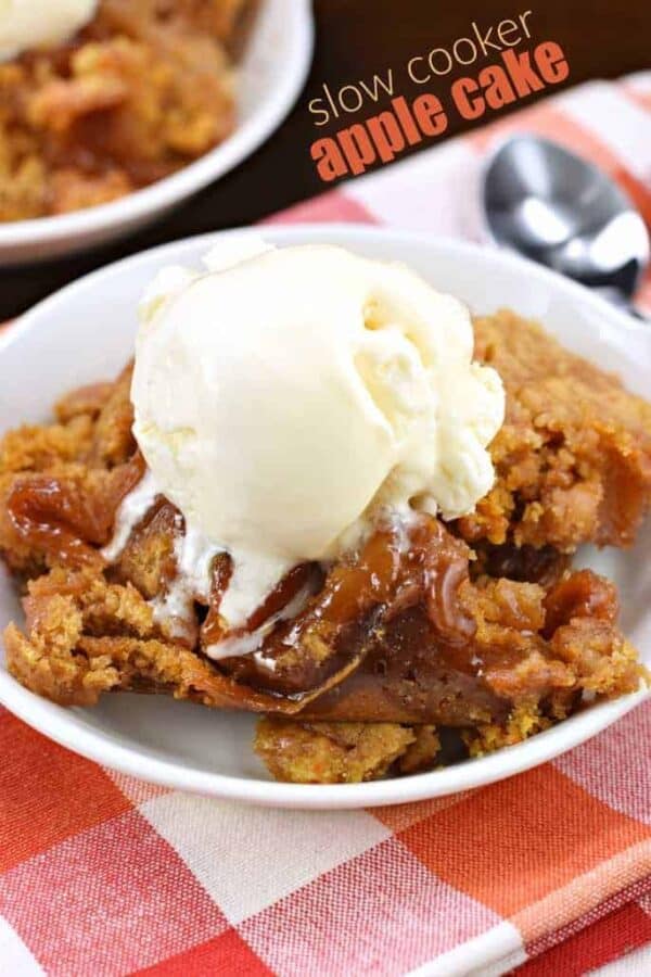This Slow Cooker Apple Cake is as easy as tossing a few ingredients into your crockpot and letting it do it's thing! Top it with a big scoop of ice cream and serve warm!