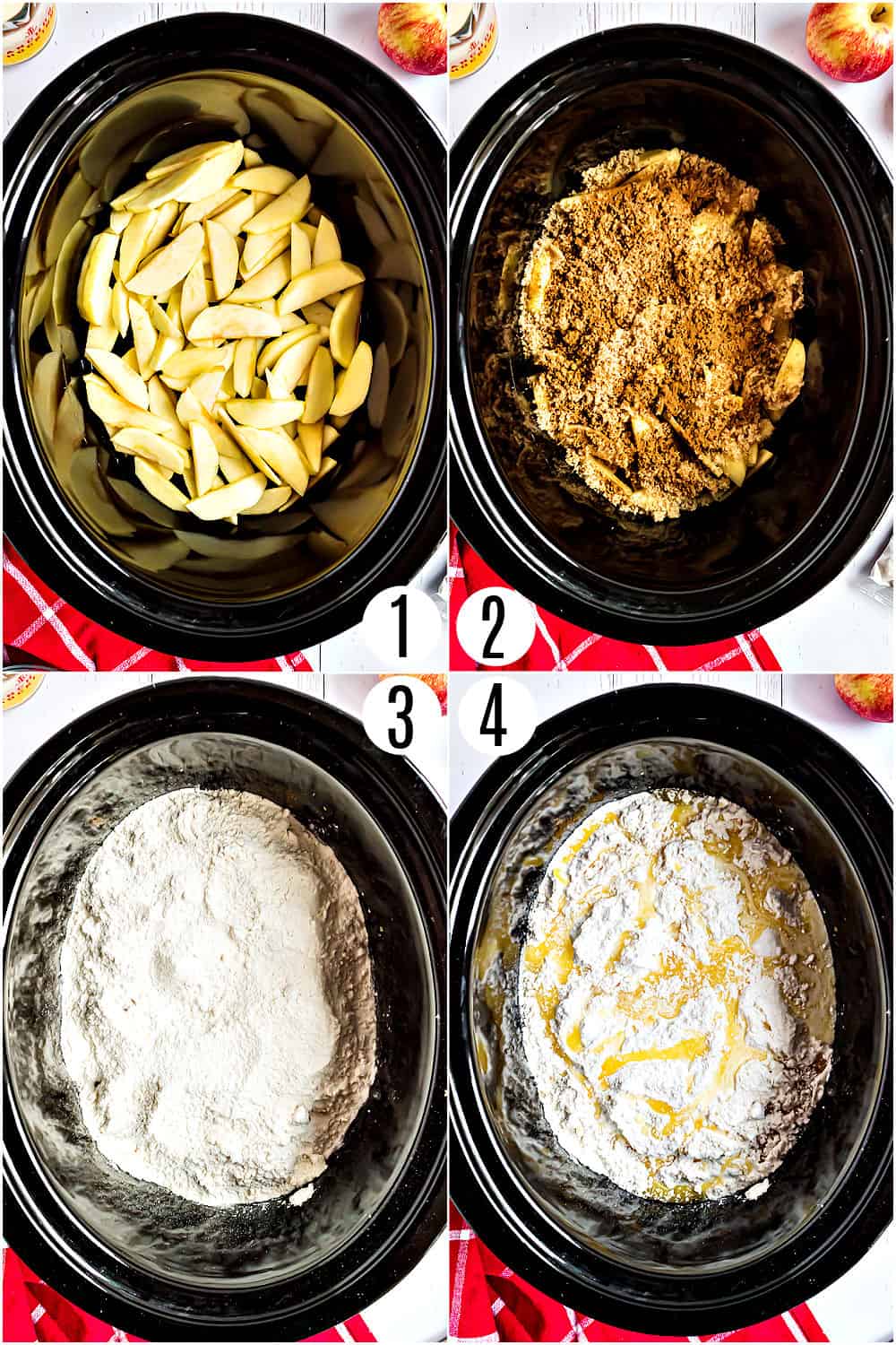 Step by step photos showing how to make apple cake in a crockpot.
