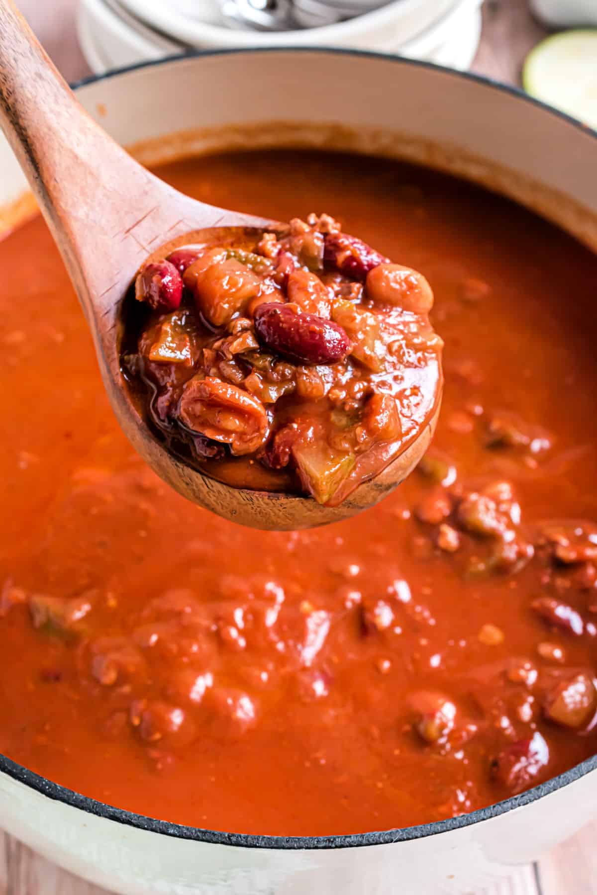 Vegtetarian chili made in a dutch oven.