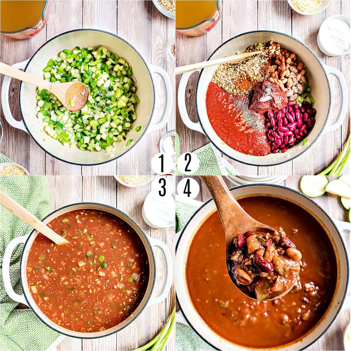 Step by step photos showing how to make meatless chili.