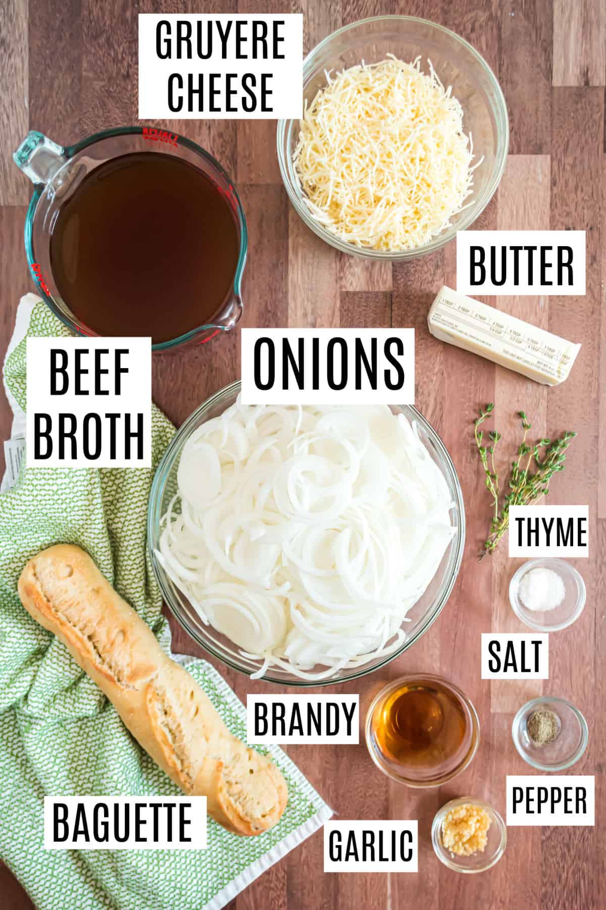 Ingredients needed to make french onion soup.