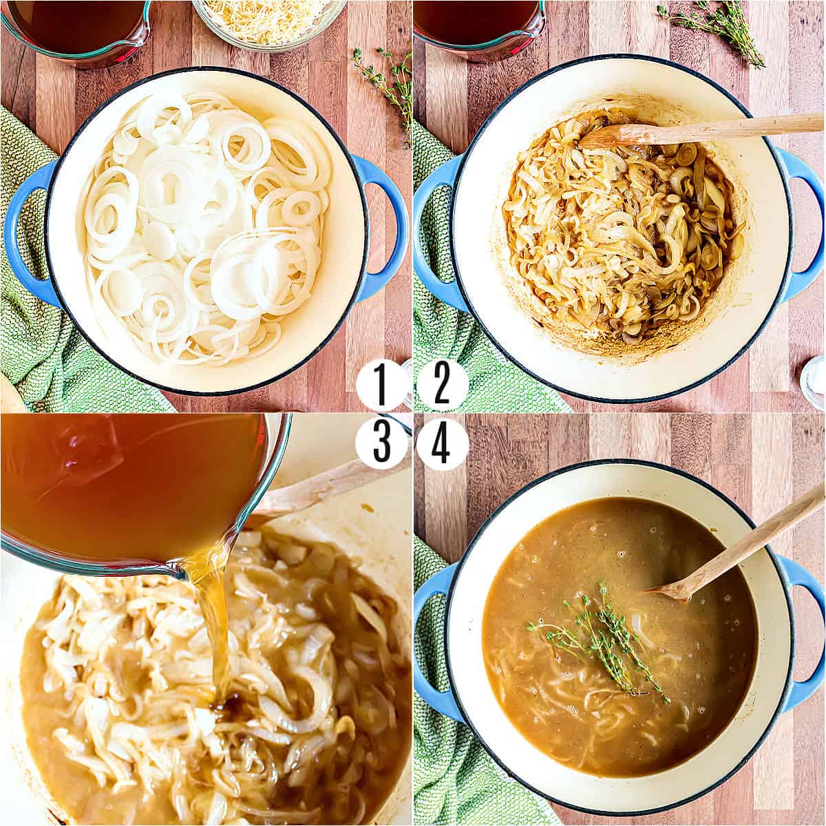 Step by step photos showing how to make french onion soup.
