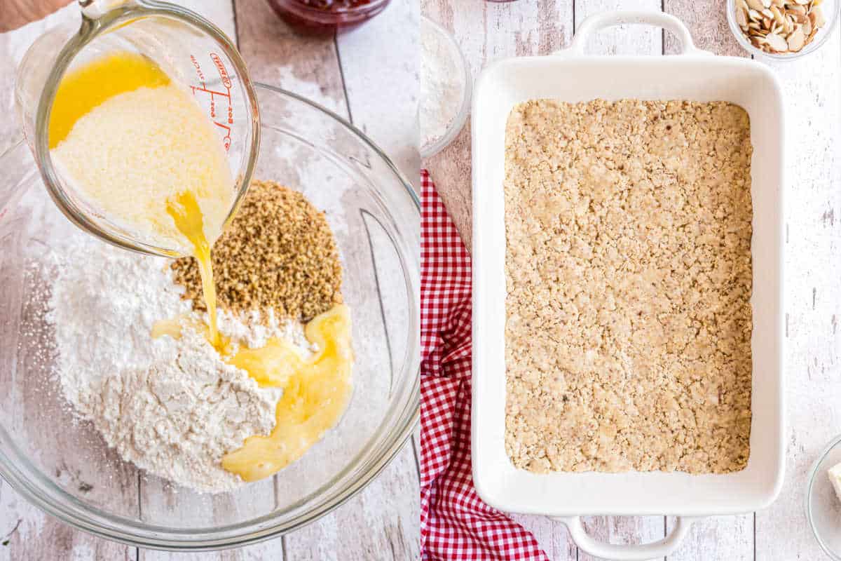 Step by step photos showing how to make crust for strawberry bars.