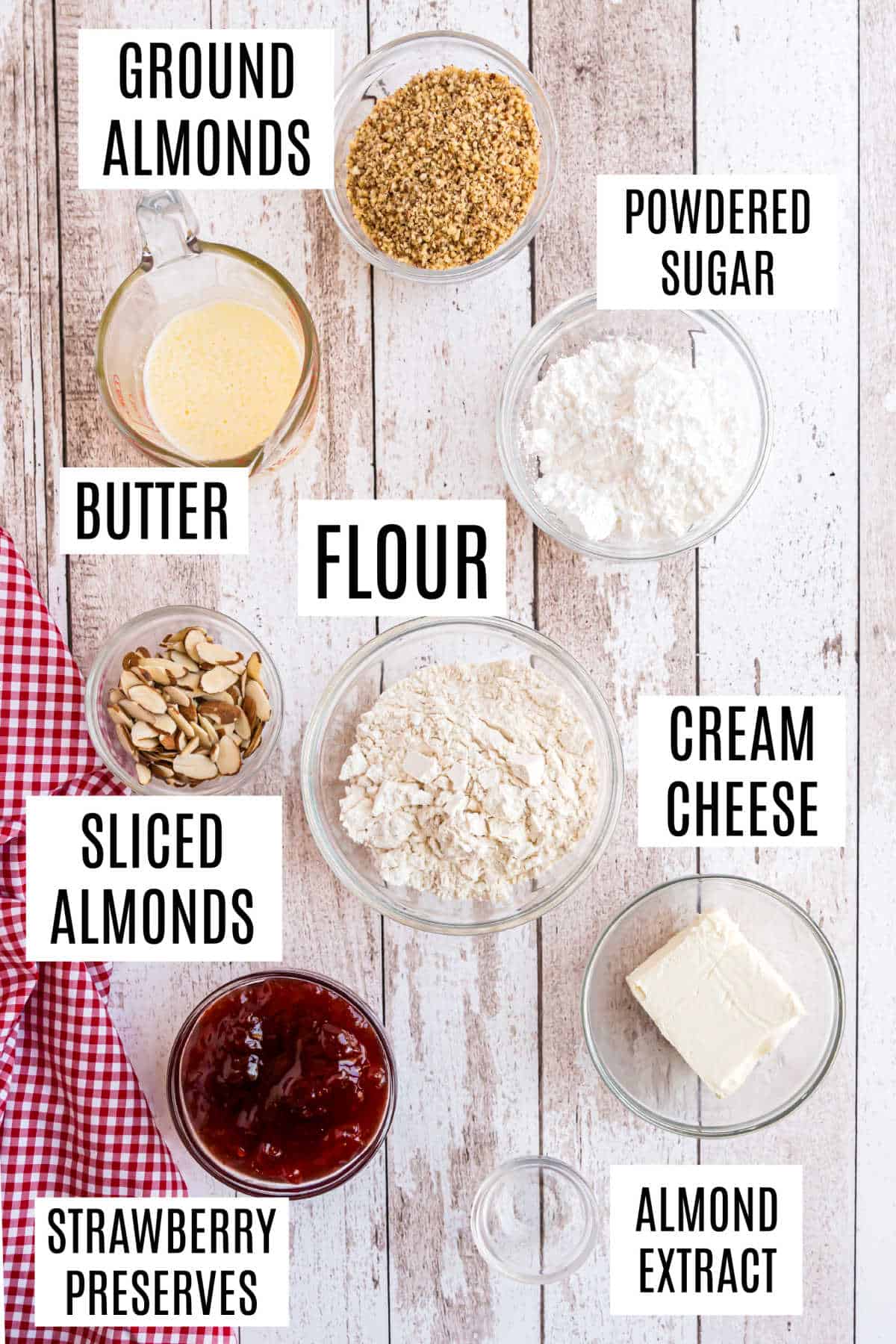 Ingredients needed to make strawberry almond bars.