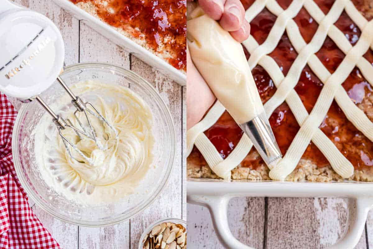 Step by step photos showing how to add topping to strawberry bars.