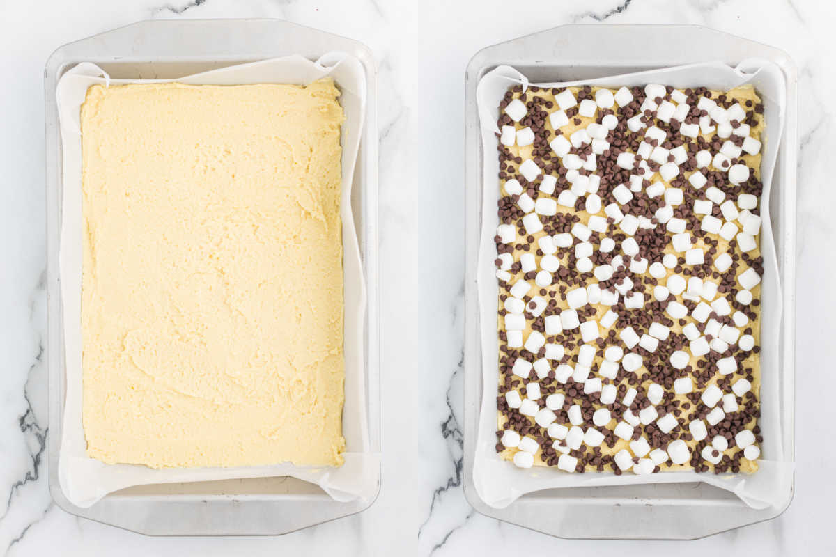 Side-by-side trays: plain dough on the left, and mud hen bars topped with mini marshmallows and chocolate chips on the right.