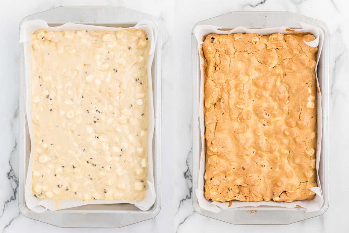 Side-by-side image of unbaked and baked mud hen bars batter in parchment-lined pans on a marble surface.