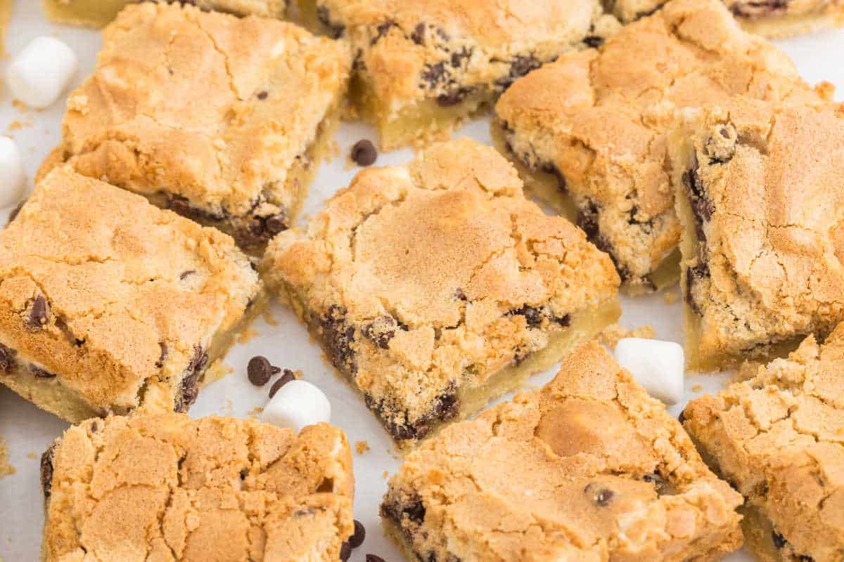 Golden brown mud hen bars, loaded with chocolate chips and marshmallows, cut into perfect squares on a white surface.