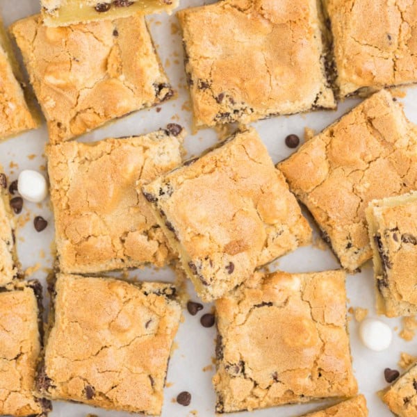 Golden brown mud hen bars, studded with gooey chocolate chips, are cut into squares and scattered with extra chocolate chips around them.
