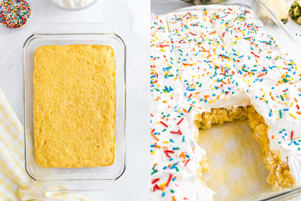 Side-by-side of a plain skinny pineapple cake and the same cake topped with whipped cream and rainbow sprinkles, one slice missing.