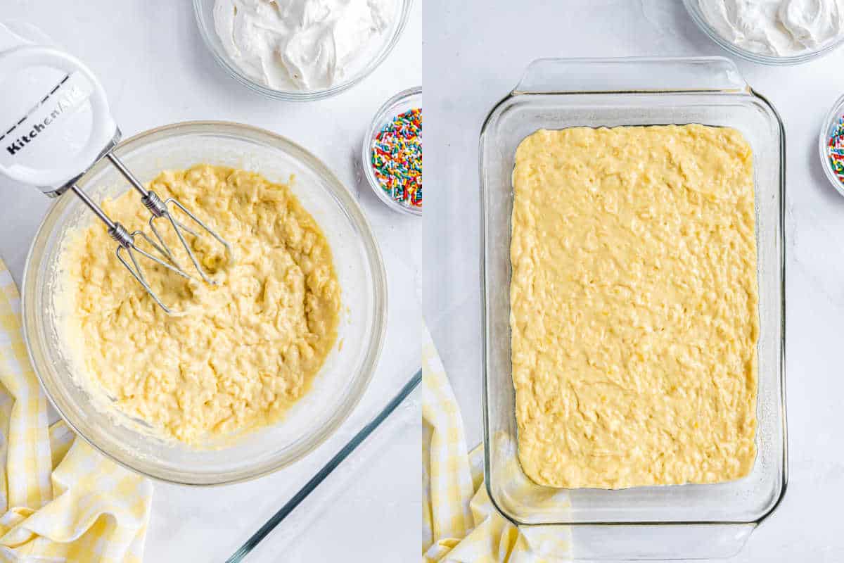 Left: Mixing skinny pineapple cake batter in a bowl with a hand mixer. Right: Batter spread evenly in a glass baking dish.