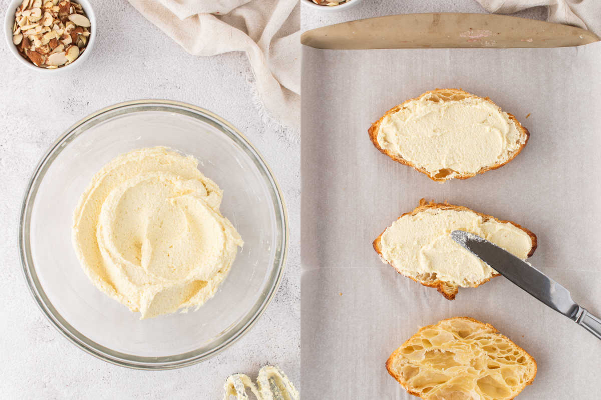 Bowl of whipped cheese and three bread slices, two topped with cheese—like easy almond croissants—beside a knife and chopped nuts.