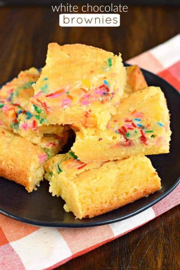 White Chocolate Brownies are delicious, gooey treats with the same texture as a brownie! Add a few sprinkles for color and fun!