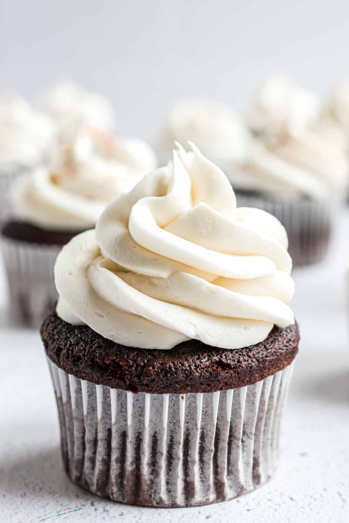 Chocolate cupcake with vanilla frosting.