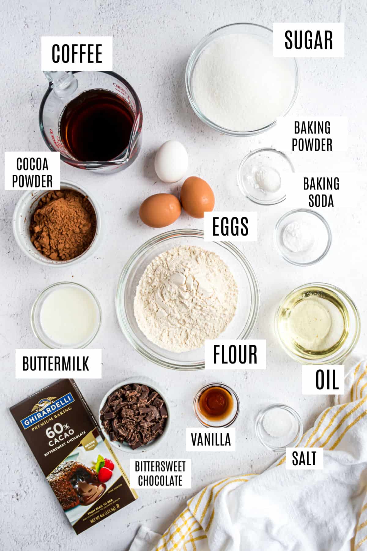 Ingredients needed to make chocolate cupcakes.