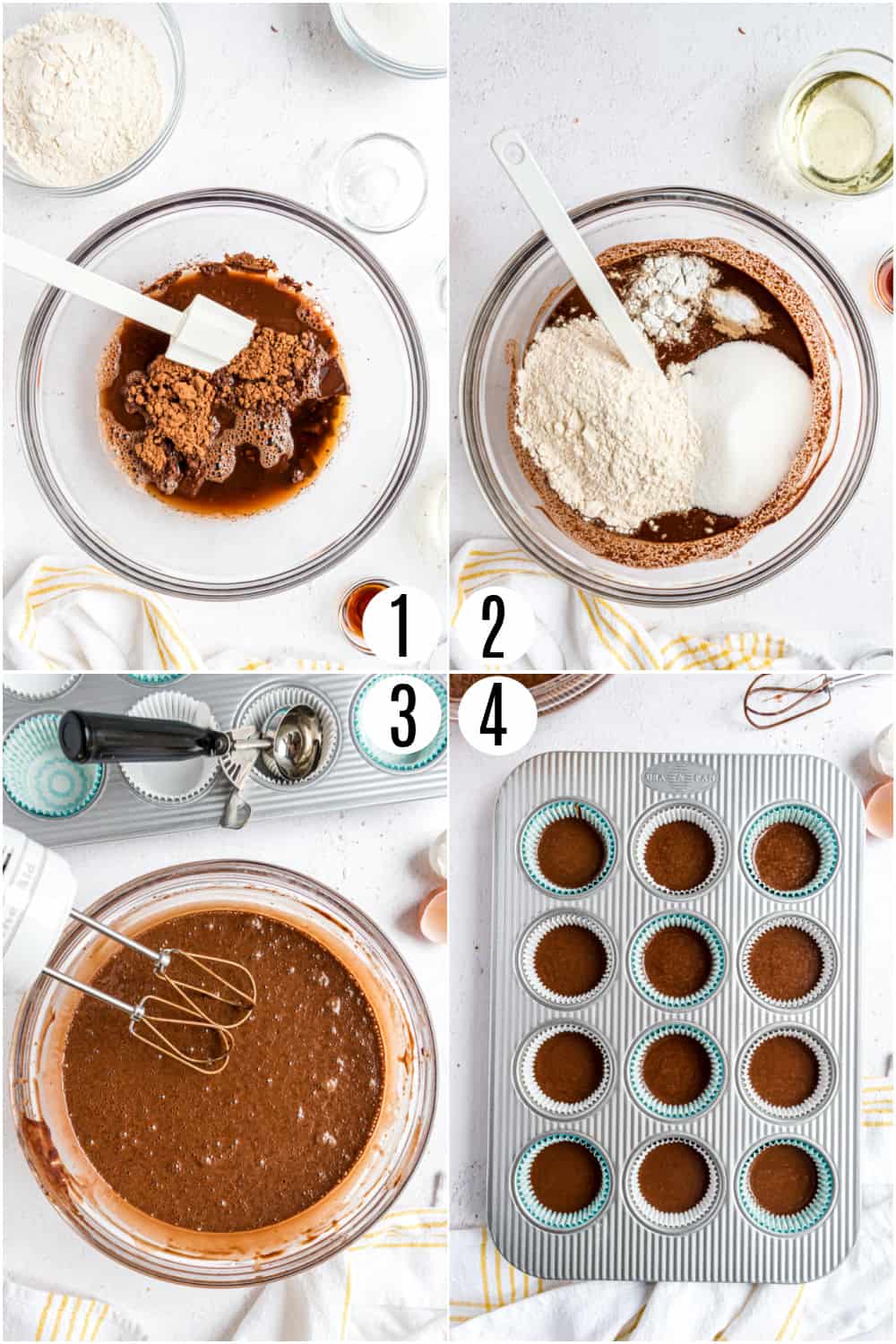 Step by step photos showing how to make chocolate cupcakes.